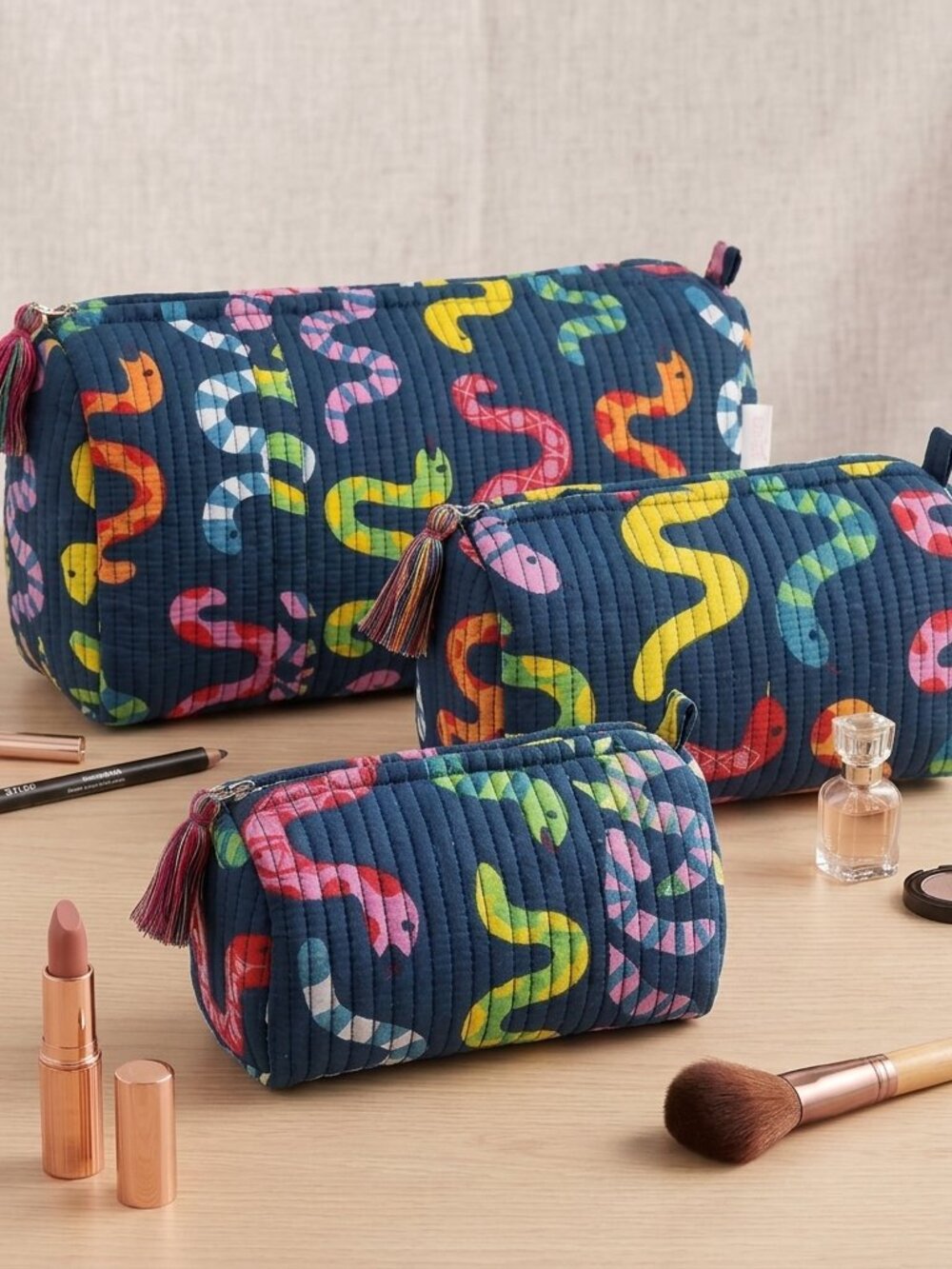 Set Of 3 Block Print Toiletry Bags, Cotton Makeup Bag, Cosmetic Bag Set Gift